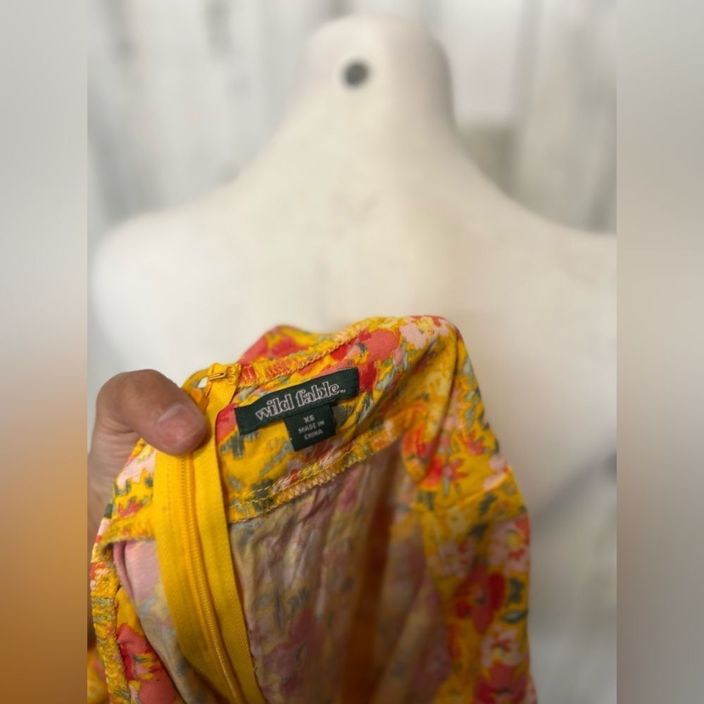 Wild Fable Yellow Floral Tie Strap Dress Womens Size Extra Small XS Cutout Ruffl - Picture 4 of 6